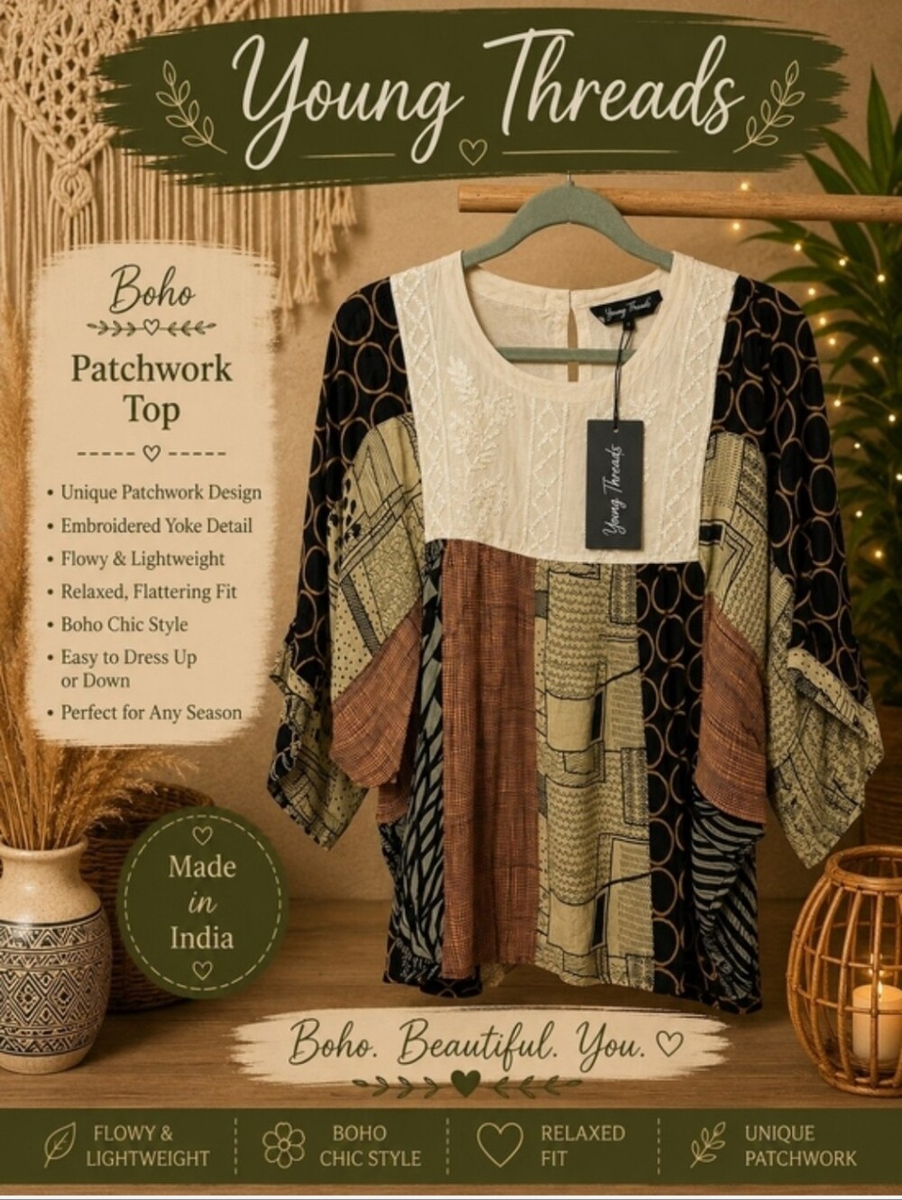 Young Threads Boho Patchwork Tunic in Multicolor with Cream Yoke